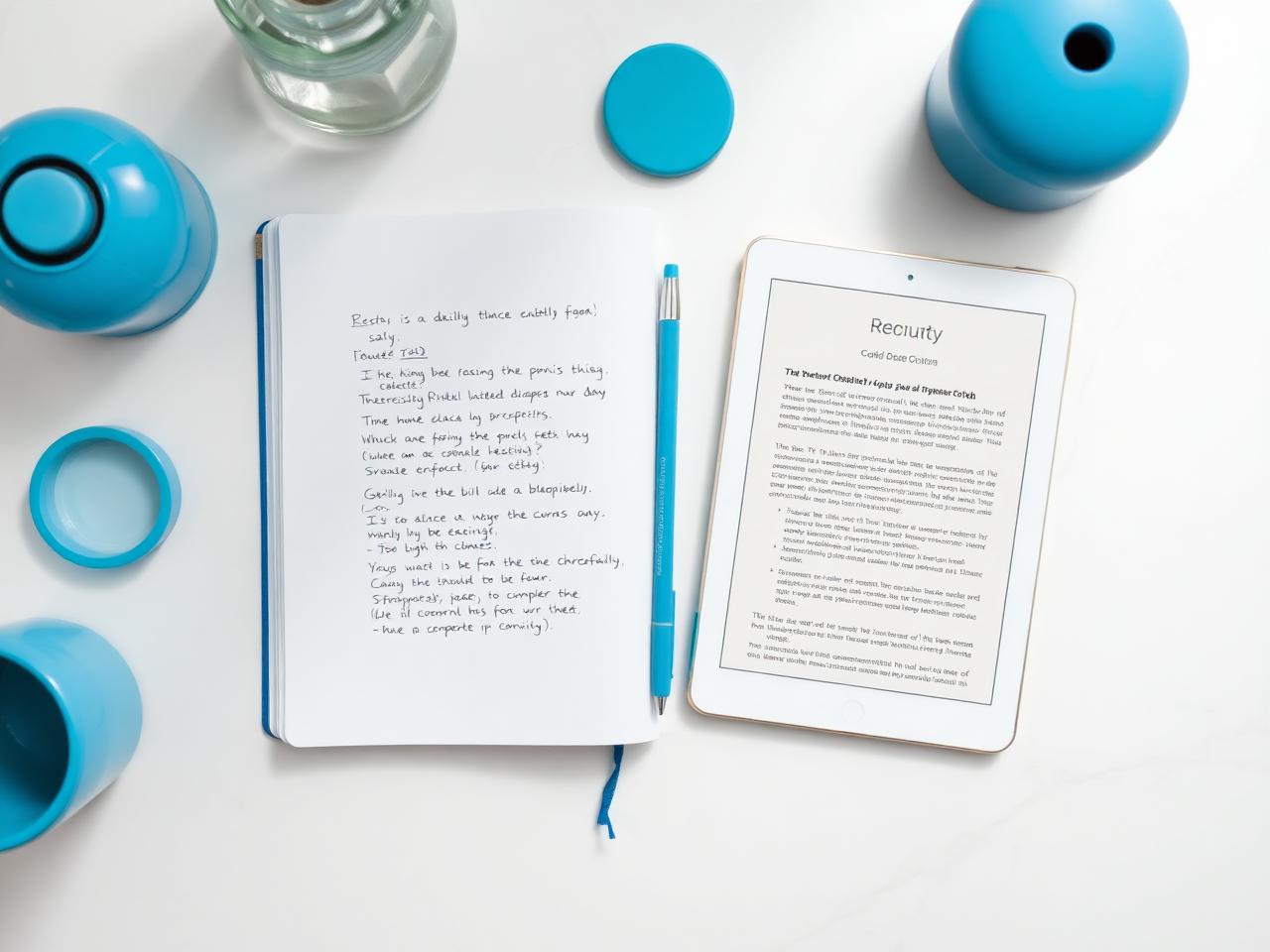 An open notebook of code notes beside a tablet showing a written lesson